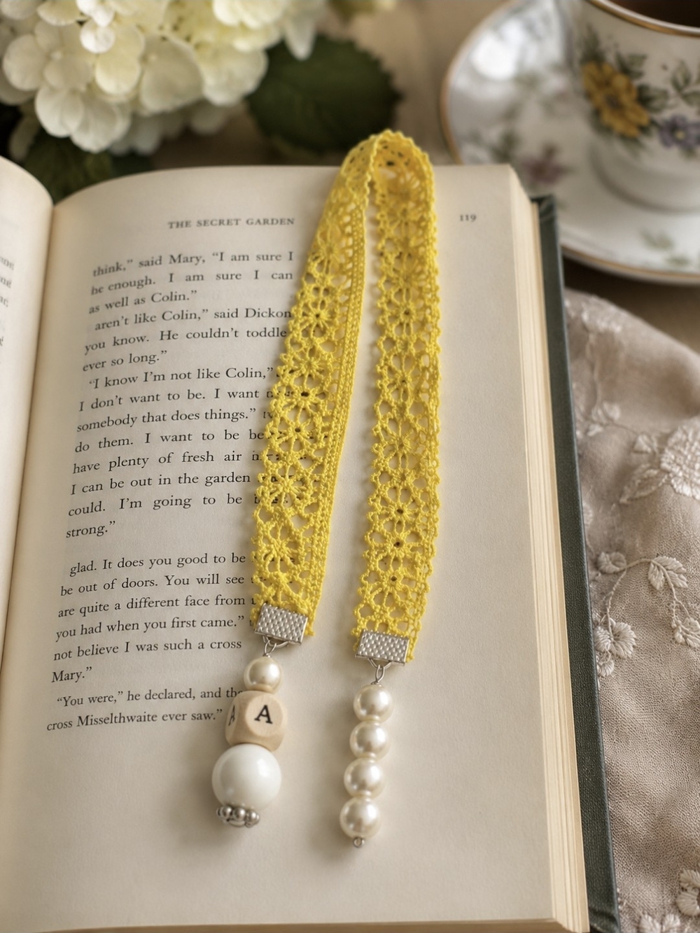 Yellow Lace Beaded Bookmark - Pearl Tassels